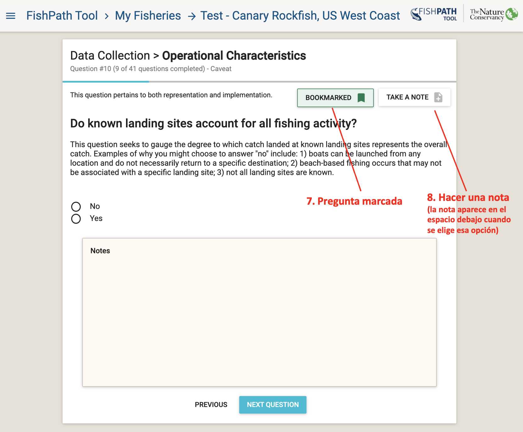 Ejemplo de una pregunta dentro de la herramienta FishPath con la pregunta marcada (en verde) y la nota agregada (caja de texto).