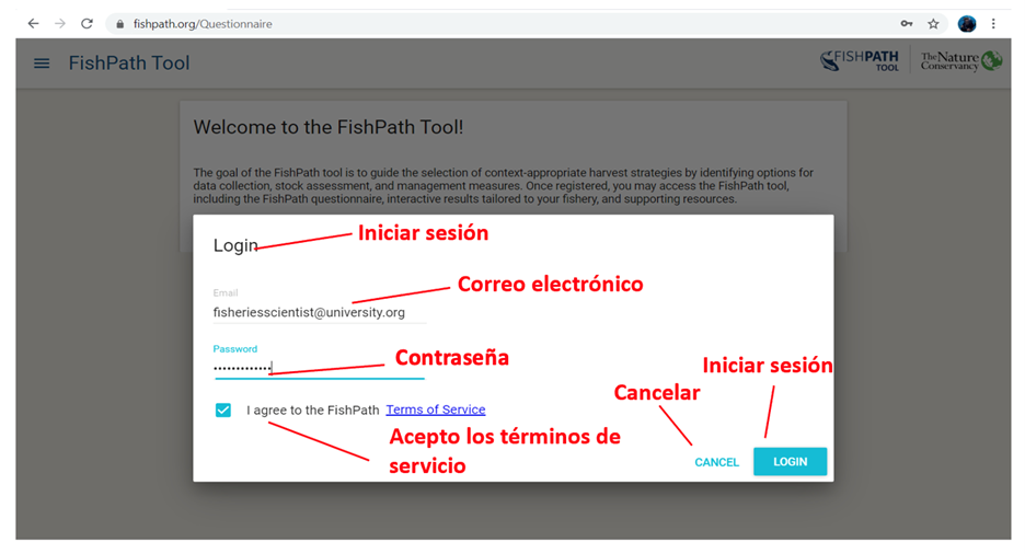 Login Page of the FishPath Tool.