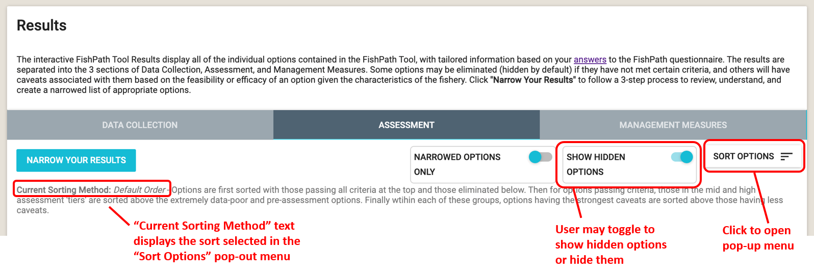 Página de resultados con el botón de “Mostrar opciones escondidas” y “Ordenar opciones” dentro de un circulo rojo.