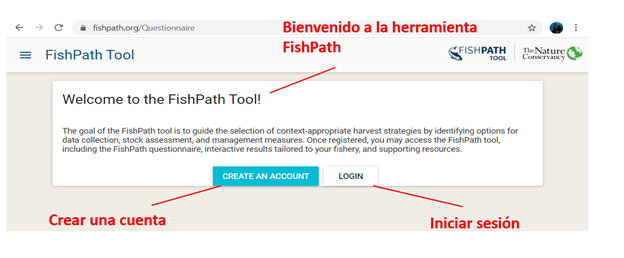 Página de bienvenida para la herramienta FishPath y su traducción al español 