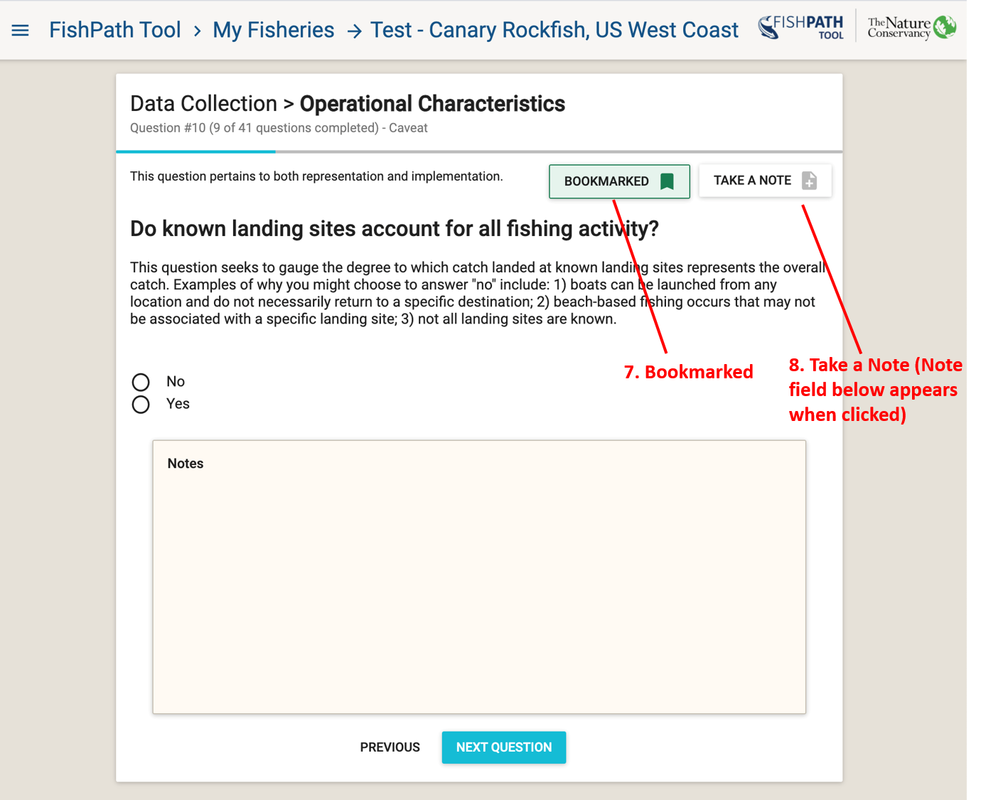 Example FishPath Tool question with “Bookmark” (green) and “Take a note” (text box) functionality selected.