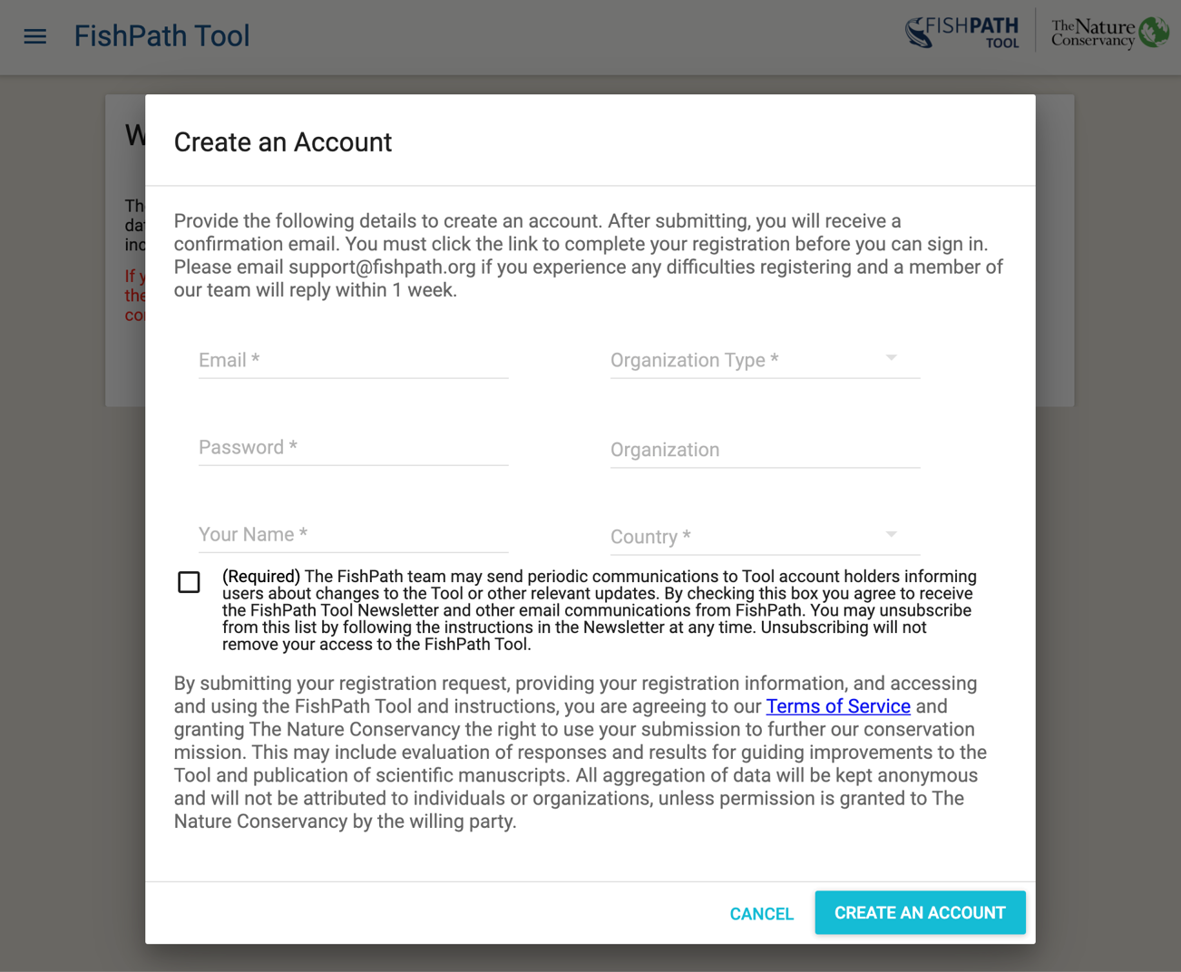 “Create an Account” screen of the FishPath Tool.