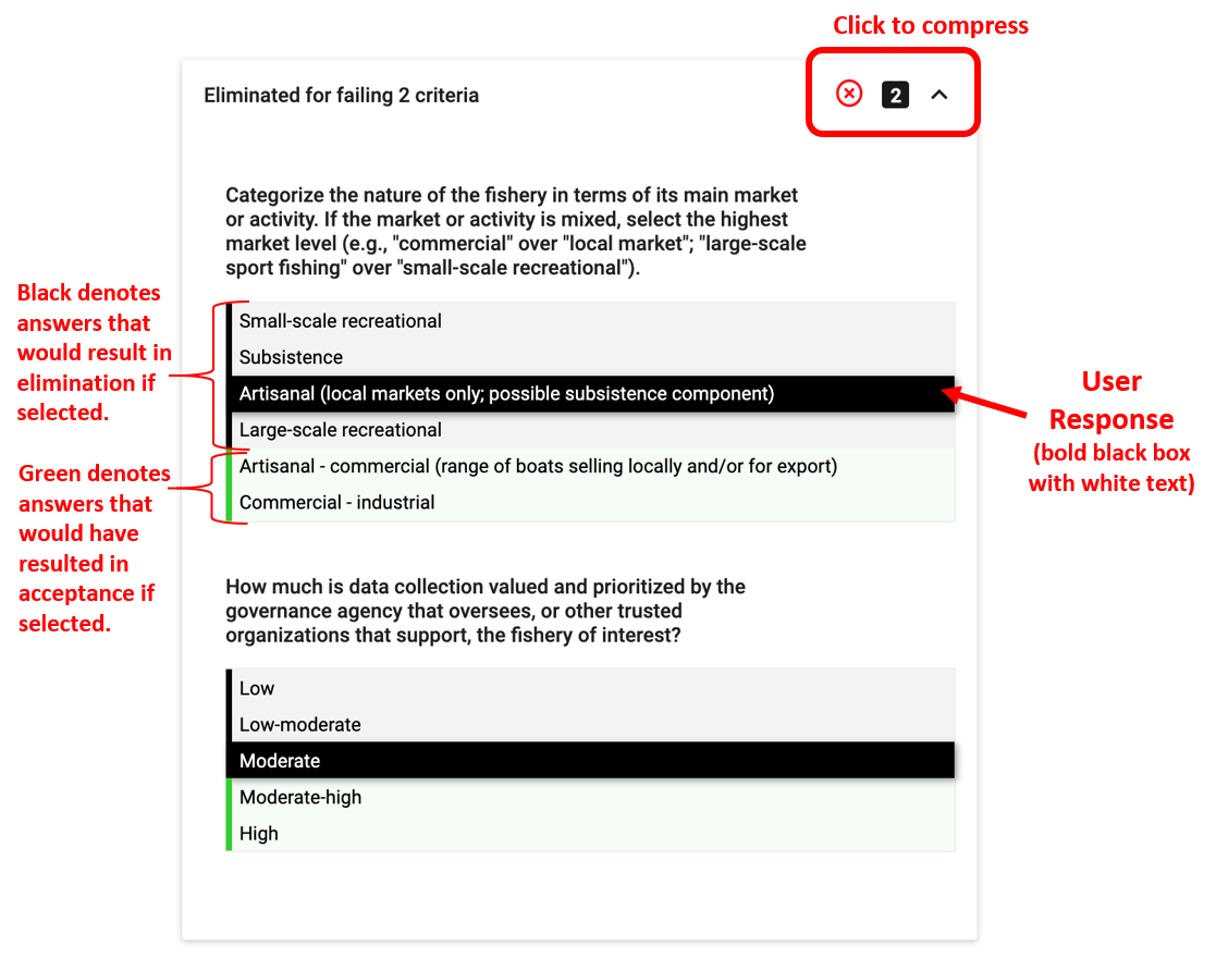 Example drop-down menu with details for an option in the Data Collection section that was eliminated for failing two criteria. The bold, black box and white text indicates the user's answer to the question. The black answer options (black bar on left) indicate those that result in elimination if selected. The green answer options (green bar on left) indicate those that would have resulted in acceptance if selected.