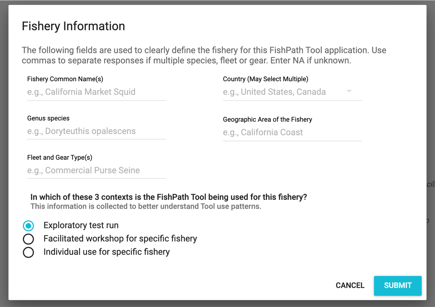 Fishery Information pop-up screen of the FishPath Tool.