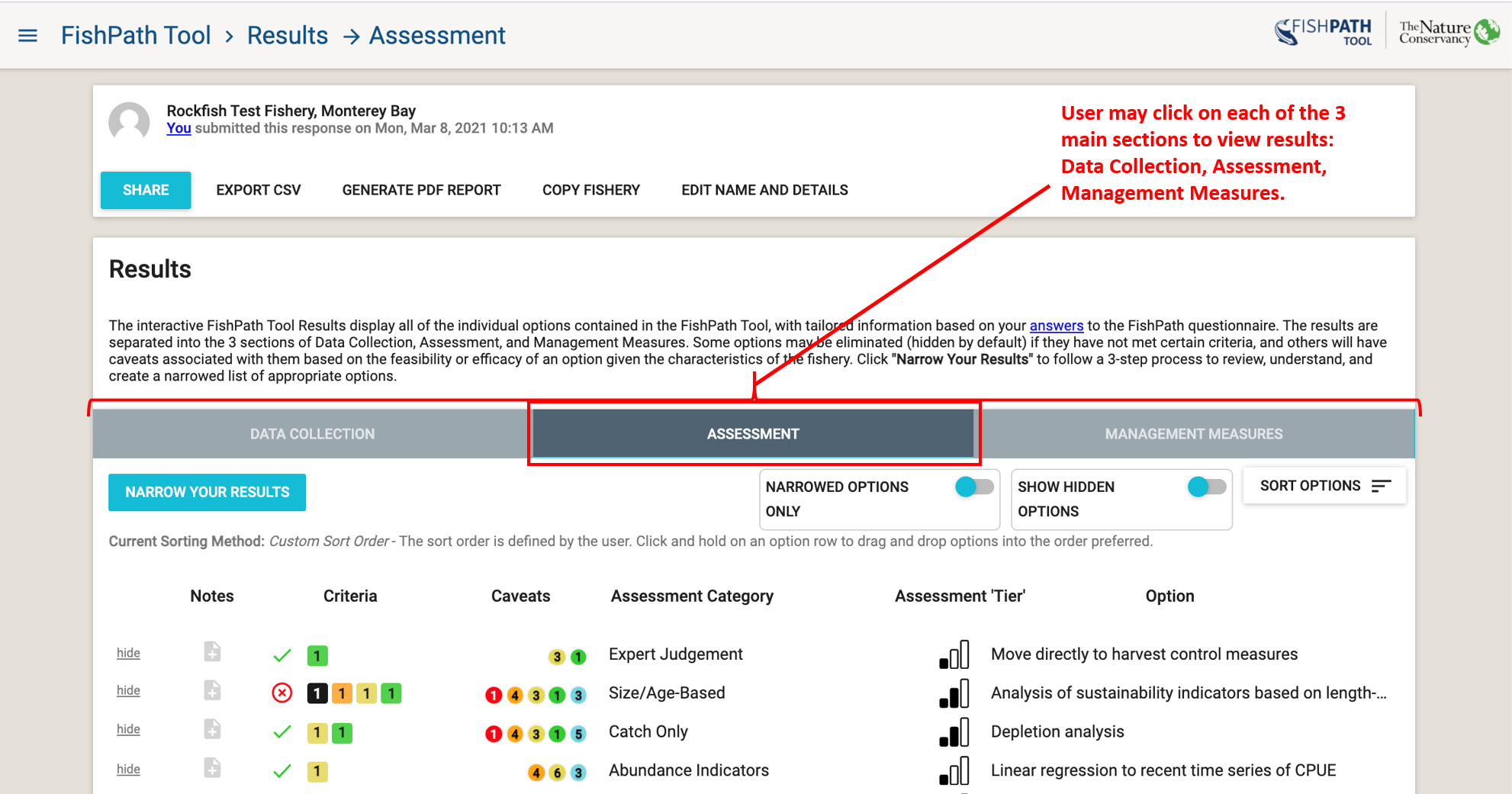 Initial results display screen in the FishPath Tool (featuring the Assessment section in the red box), displaying a snapshot of results, not a full listing.