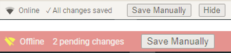 Saving Status Toolbar functionality. The top image shows saved; the bottom image shows changes pending.