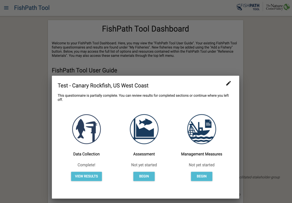 Summary window of the 3 FishPath Tool questionnaire sections, showing questionnaire progress.