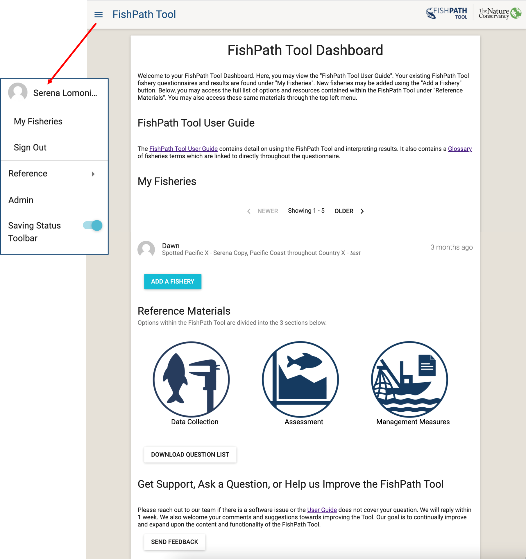 FishPath Tool Dashboard, or the homepage for FishPath Tool users. The pop out shows the FishPath Tool Dashboard drop-down menu.