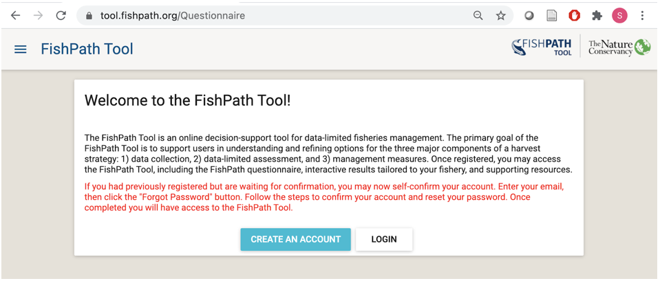 Welcome page of the FishPath Tool.